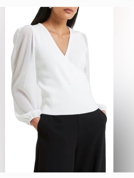 French Connection Tops - French Connection White V-Neck Puff Sleeve Wrap Blouse